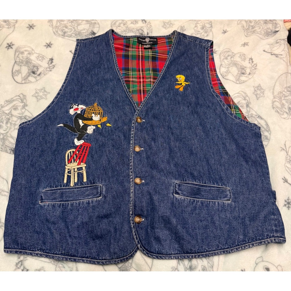 Vintage 1995 Warner Bros Looney Tunes Sylvester Tweety Denim Vest XL